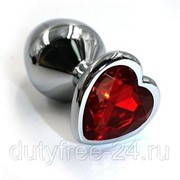 Серебристая анальная пробка с красным кристаллом-сердцем - 7 см. фотография
