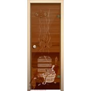 Дверь для бани АКМА Кноб 7х19 (бронза с рисунком Банька, коробка осина) фотография