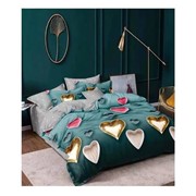 Комплект постельного белья Евро на резинке из сатина “Karina“ Зеленый с разноцветными объемными сердечками и фото