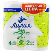Туалетная бумага Лилия Яблоко 2-х слойная белая, 4 рулона