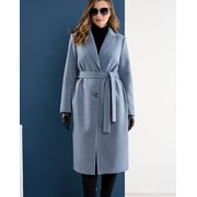 Пальто шерстяное драповое серо-голубое классическое с поясом для полных и стройных E 3978 р. 46-56 фотография
