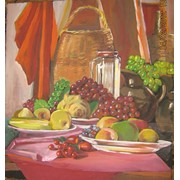 Картина “Натюрморт с фруктами и корзиной“.Картон,акрил.600*650мм фото
