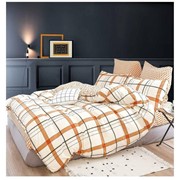 Полутораспальный комплект постельного белья из поплина “Lorida home“ Белый с оранжевыми полосами в клетку и фотография