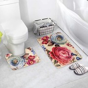 Набор ковриков для ванны и туалета Доляна «Пионы», 2 шт: 39×49, 50×80 см, цвет серый фото