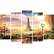 Пятипанельная модульная картина 80 х 140 см Столики с видом на вечерний Париж и Эйфелевую башню и розовые фотография
