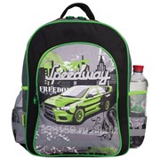 Рюкзак Пифагор для учеников начальной школы, черный/серый, зеленая машина, 38х30х14 см