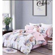 Комплект постельного белья Евро из хлопка “Candie's“ Белый с разноцветными растениями и розовый с веточками фотография