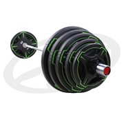 Диск олимпийский, полиуретановый, с 4-мя хватами, цвет черный с ярко зелеными полосами, 10кг Oxide Fitness фотография