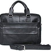 Чёрная мужская кожаная сумка с накладным карманом на магнитных кнопках фото