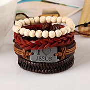 Религиозный I Love Jesus Браслет Cowhide Многослойный браслет Белый деревянный браслет из бисера для мужчин фотография