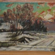 Картина маслом на дереве ( Ольха). Вечер на хуторе зимой. фото