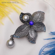 Брошь “Цветок“ орхидея с жемчугом, цвет серо-синий в чернёном серебре фотография