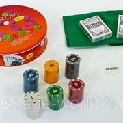 Покерный набор в круглой металлической коробке (120 фишек с номиналом,2кол.карт,полотно) фото