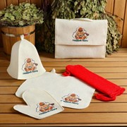 Набор для бани и сауны 5 в 1(сумка,шапка,варежка,коврик,мочалка),с принтом“Поддай пару“,белый фото
