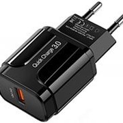 Сетевое зарядное устройство GSMIN TE-023 быстрая зарядка Quick Charge 3.0 USB (до 12V, 3A) (Черный) фото