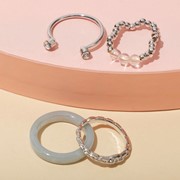 Набор кольца 4 шт. 'Джипси' 1 на фалангу, стёклышки, цвет бело-серый в серебре, размер 16-17 71294 фотография
