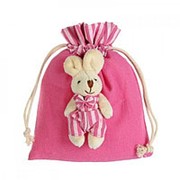 Подарочная сумочка "Зайка" в розовом костюме в полоску с бантом 14см х 18см
