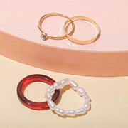 Набор кольца 4 шт. 'Джипси', эстетика, цвет красно-белый в золоте, размер 16-17 фотография