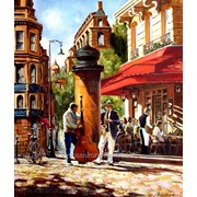 Жанровая картина с видом улицы и кафе в Париже маслом на холсте. фото