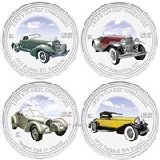 Набор 4 серебряные монеты “Скоростные автомобили 1930-х“ фото
