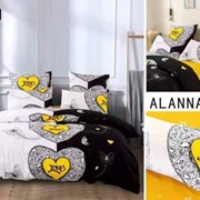 Семейный комплект постельного белья из сатина “Alanna“ Черный и белый с большими сердечками из узоров с желтой фото