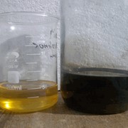 Пиролизная жидкость до и после регенерации (фильтрации) - результат очистки за один прогон, после очистки нет у пиролизной жидкости характерного едкого аромата, более чем в три раза уменьшилась концентрация серы и непридельных углеводородов
