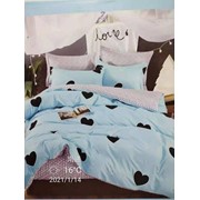 Семейный комплект постельного белья из сатина “Alorea A+B“ Светло-голубой с черными сердечками и светло-серый фотография