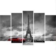 Пятипанельная модульная картина 80 х 140 см Черно-белое фото с красной ретро-машиной на фоне Эйфелевой башни фото