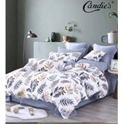 Двуспальный комплект постельного белья на резинке из сатина “Candie's“ Белый с серо-синими и желтыми веточками фото
