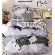 Комплект постельного белья Евро на резинке из поплина “Candie's“ Светло-серый с серым и голубым геометрическим фото
