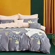 Комплект постельного белья Евро из сатина 130гр Серо-фиолетовый с веточками с золотистыми листиками и фото